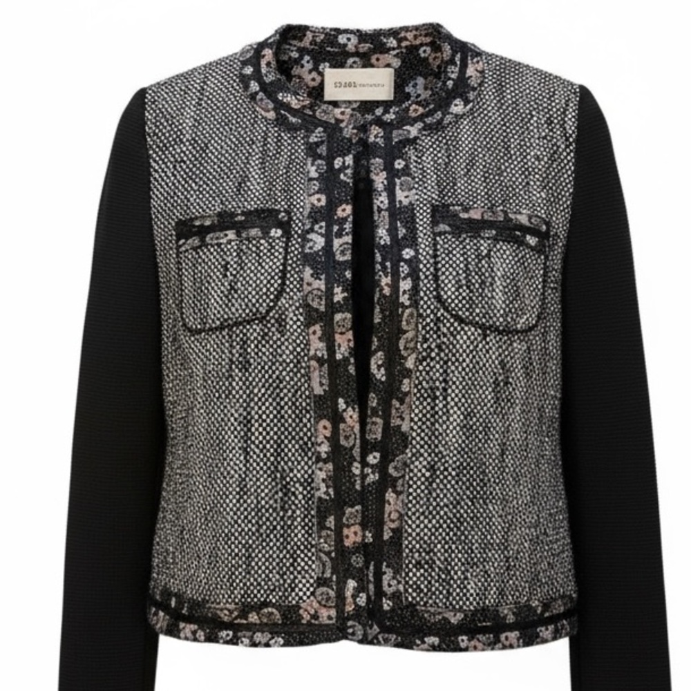BCBG - GENERATION - EYE CATCHING WOMEN’S BLACK, WHITE & FLORAL TWEED JACKET- B16 - Picture 4 of 12
